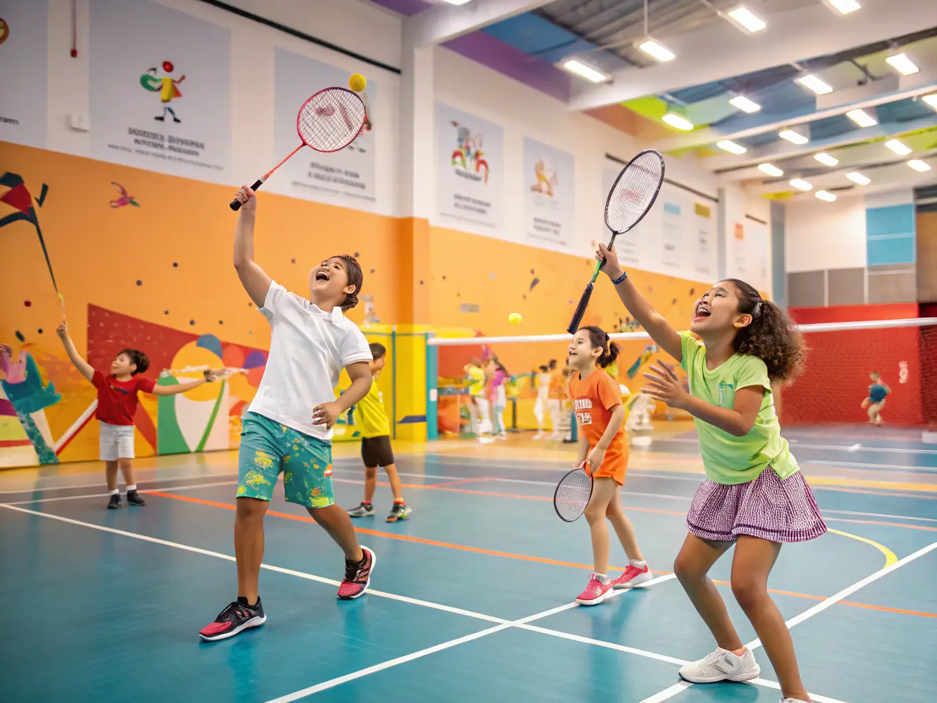 A heartwarming image of young badminton players participating in a youth training initiative, with coaches providing guidance and encouragement, set in a local community center.