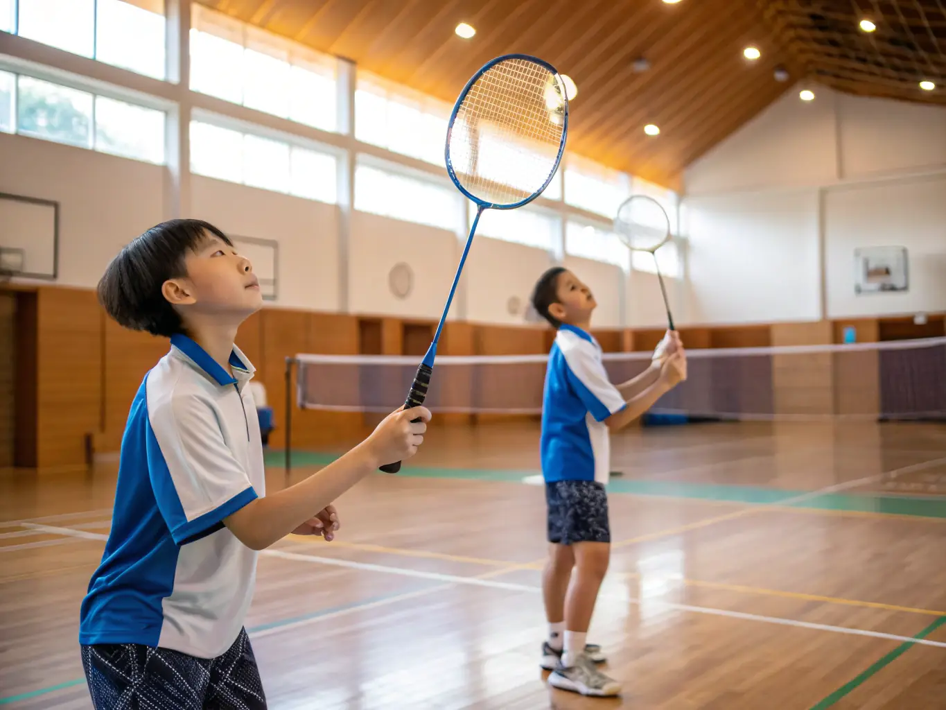 A dynamic action shot of badminton players participating in a training session, focusing on agility and technique, set in a well-lit gymnasium with the Picardy Badminton League logo subtly displayed.