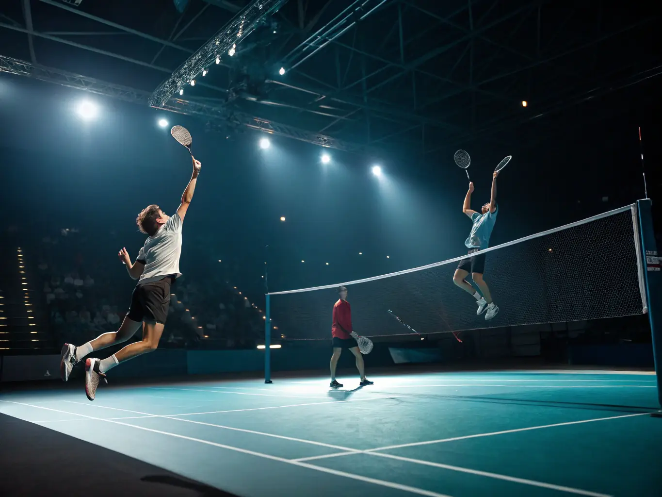A vibrant image of a badminton tournament in full swing, showcasing players of different ages and skill levels competing, with spectators cheering in the background and the Picardy Badminton League banner visible.