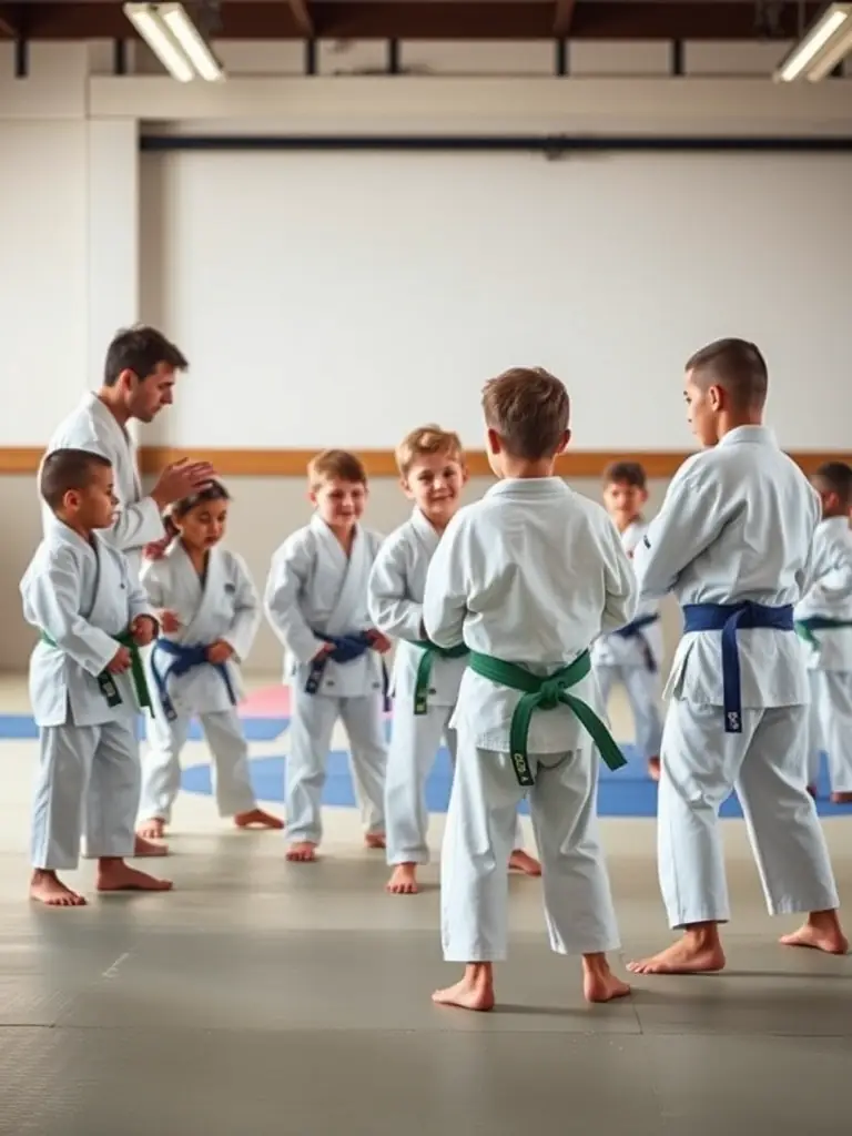 A group of children in white gis practicing BJJ techniques under the guidance of an instructor at SKOL EMGANN, showcasing the kids' program.