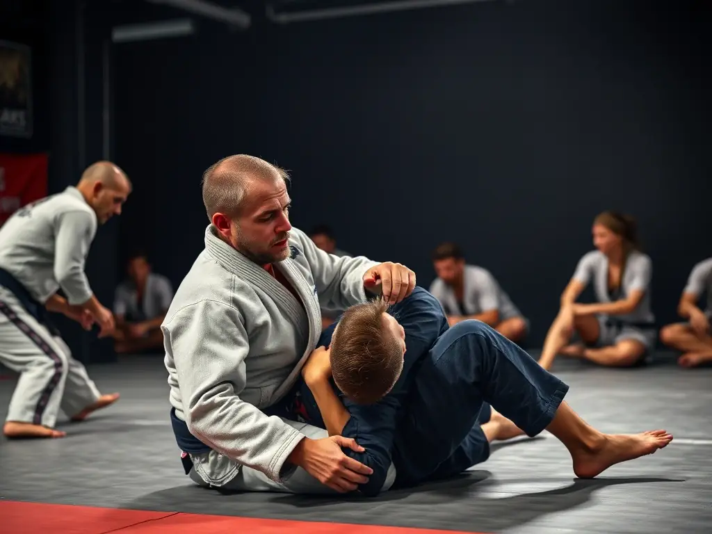 Adults in a BJJ class, practicing advanced techniques and sparring under the supervision of skilled instructors, showcasing the intensity and focus of the training.
