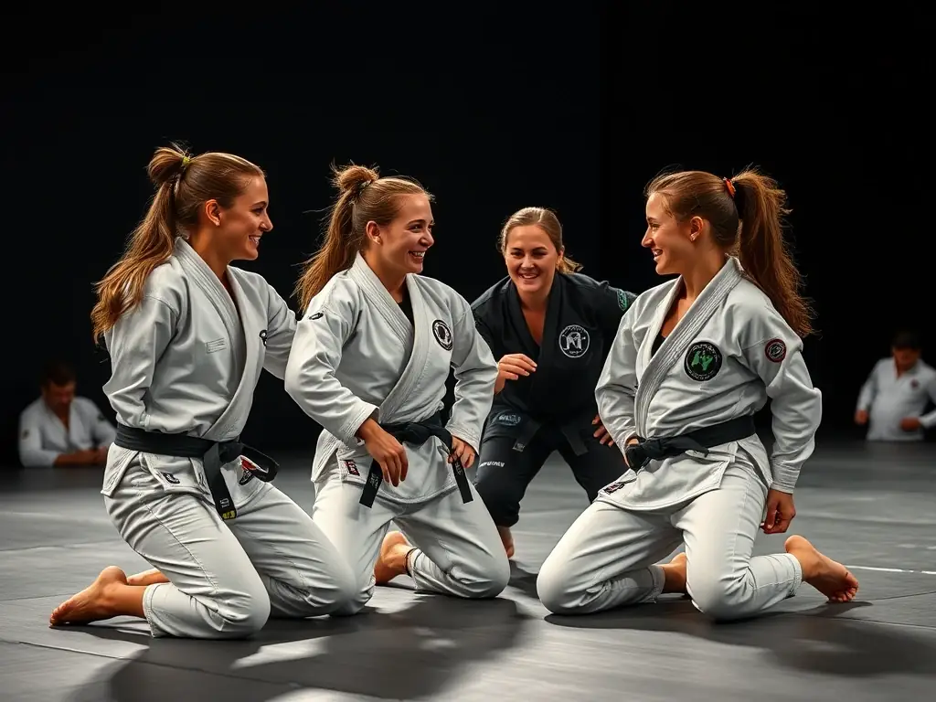A group of female BJJ practitioners training together, demonstrating techniques and sparring in a supportive and empowering environment, highlighting the inclusivity of the program.