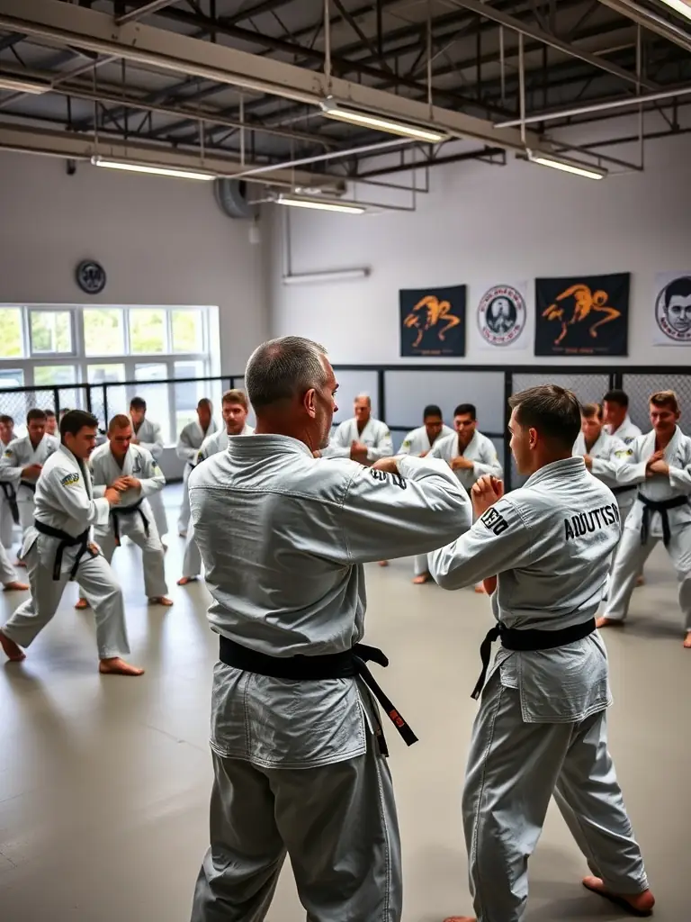 A high-quality photo of experienced BJJ instructors demonstrating a technique to students, showcasing their expertise and dedication.