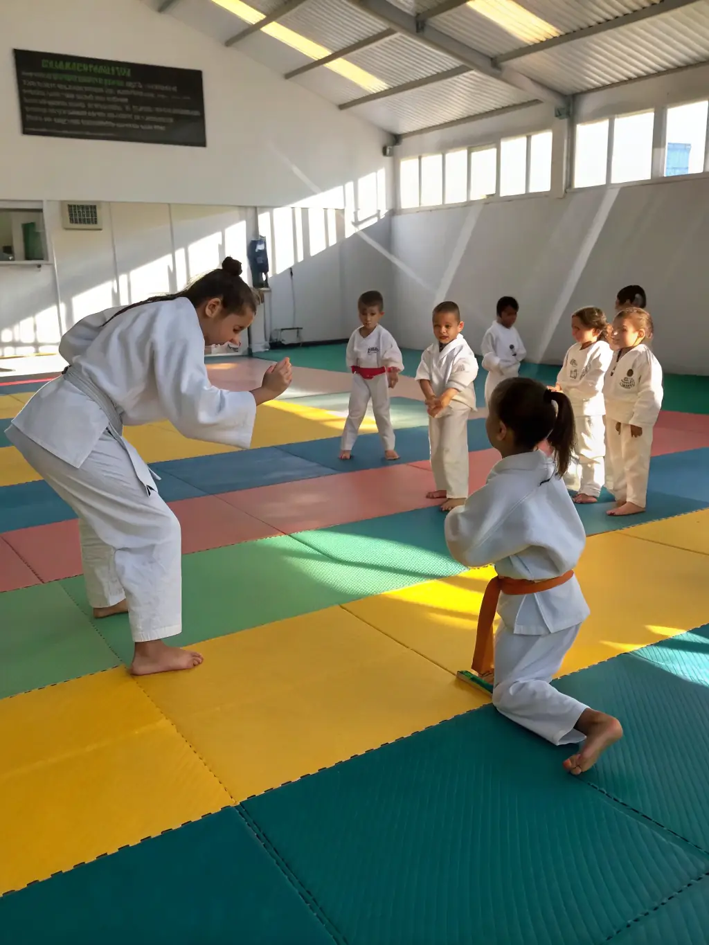 A photo of children learning BJJ, emphasizing the benefits of early training in discipline, respect, and self-defense.