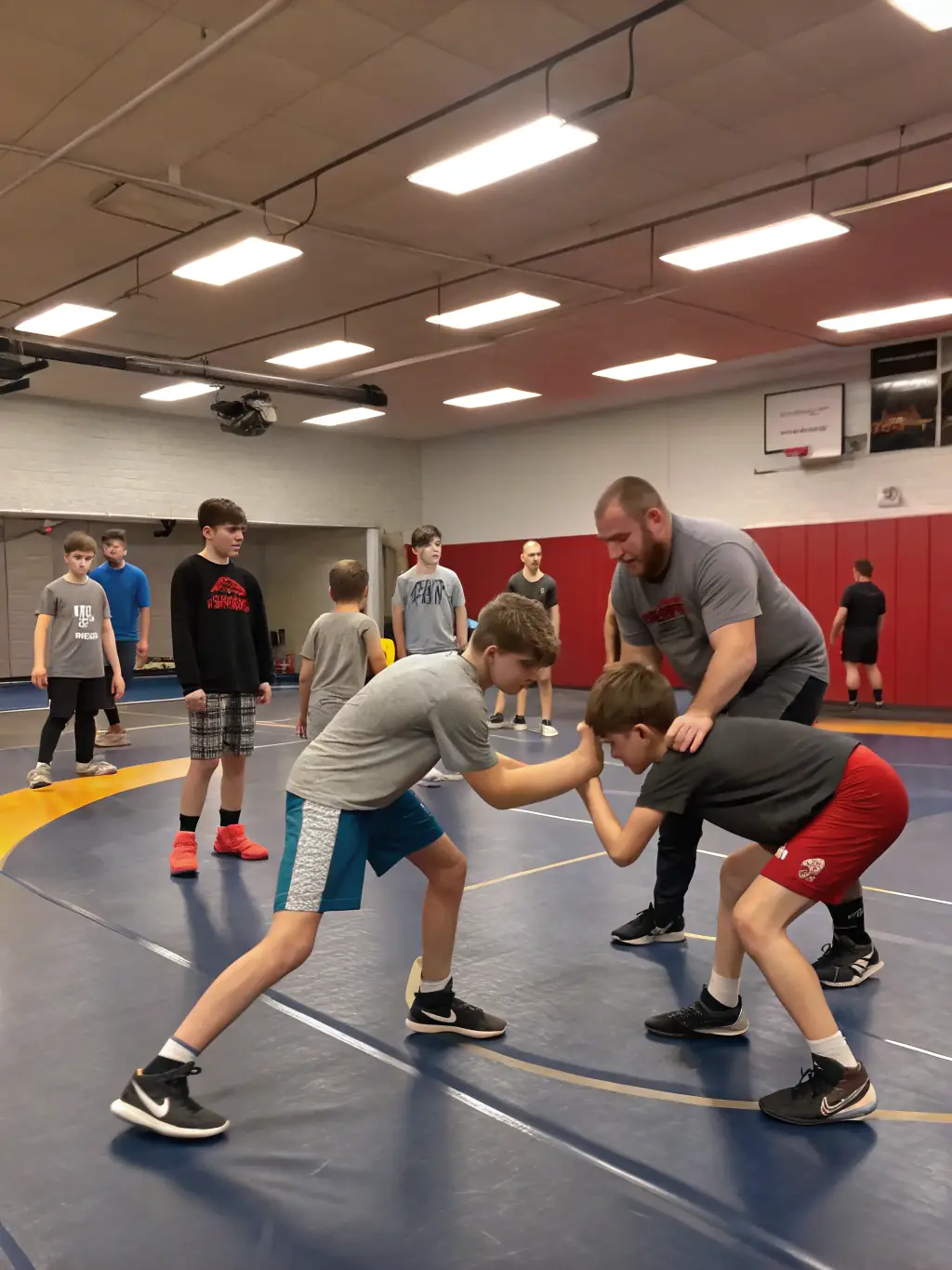 A diverse group of students participating in a grappling drill at SKOL EMGANN, emphasizing the community aspect of the association.