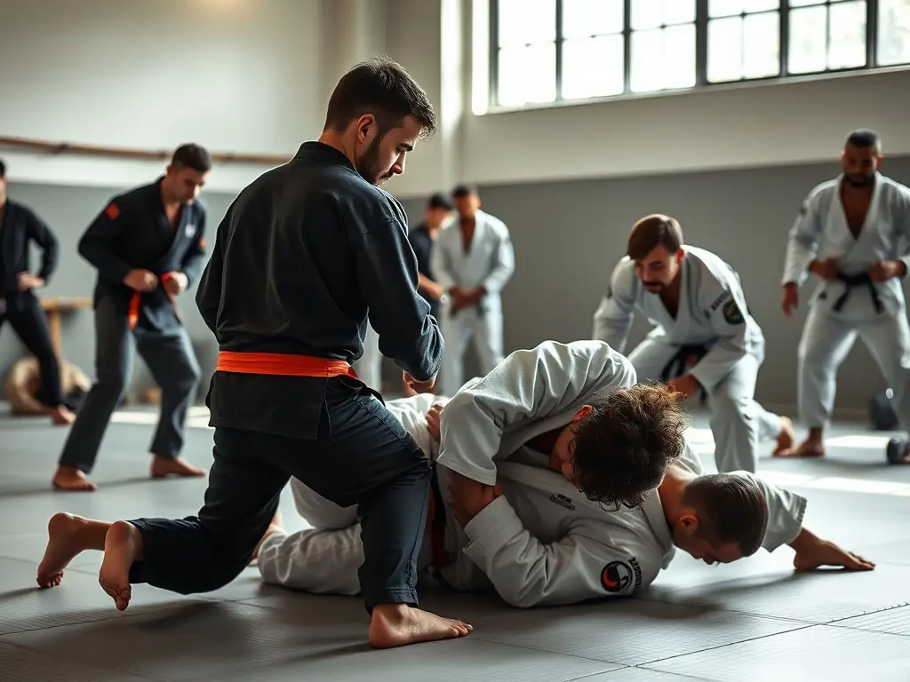 A diverse group of children and adolescents participating in a BJJ class, demonstrating fundamental techniques under the guidance of experienced instructors in a well-equipped training facility.