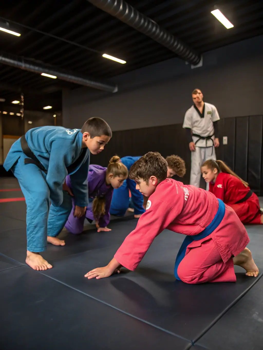 Adults in gis sparring during a BJJ class at SKOL EMGANN, demonstrating the dynamic and challenging nature of the adult program.