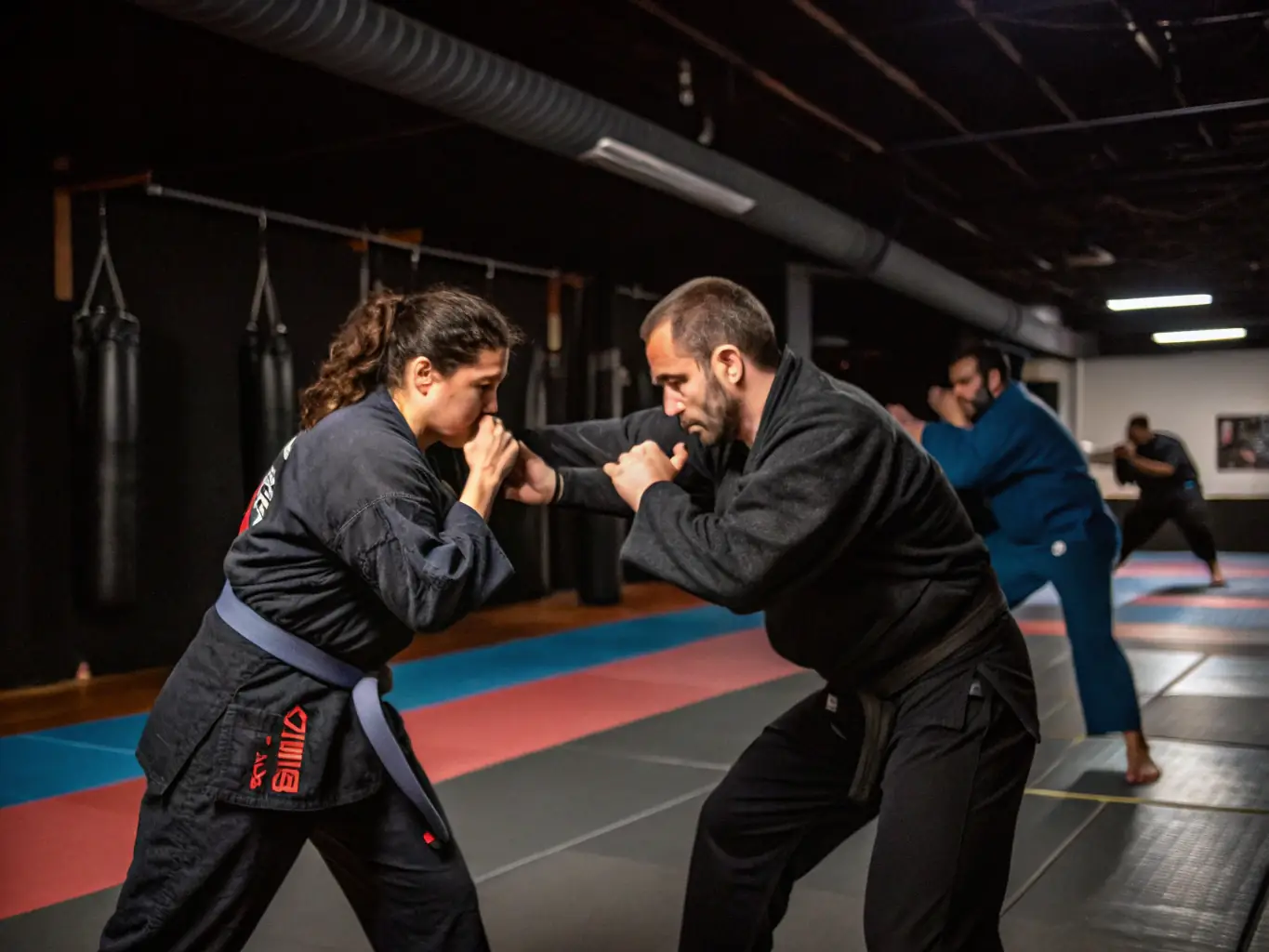 A focused image of adult BJJ practitioners sparring during an advanced training session at SKOL EMGANN, emphasizing technique and strategy.