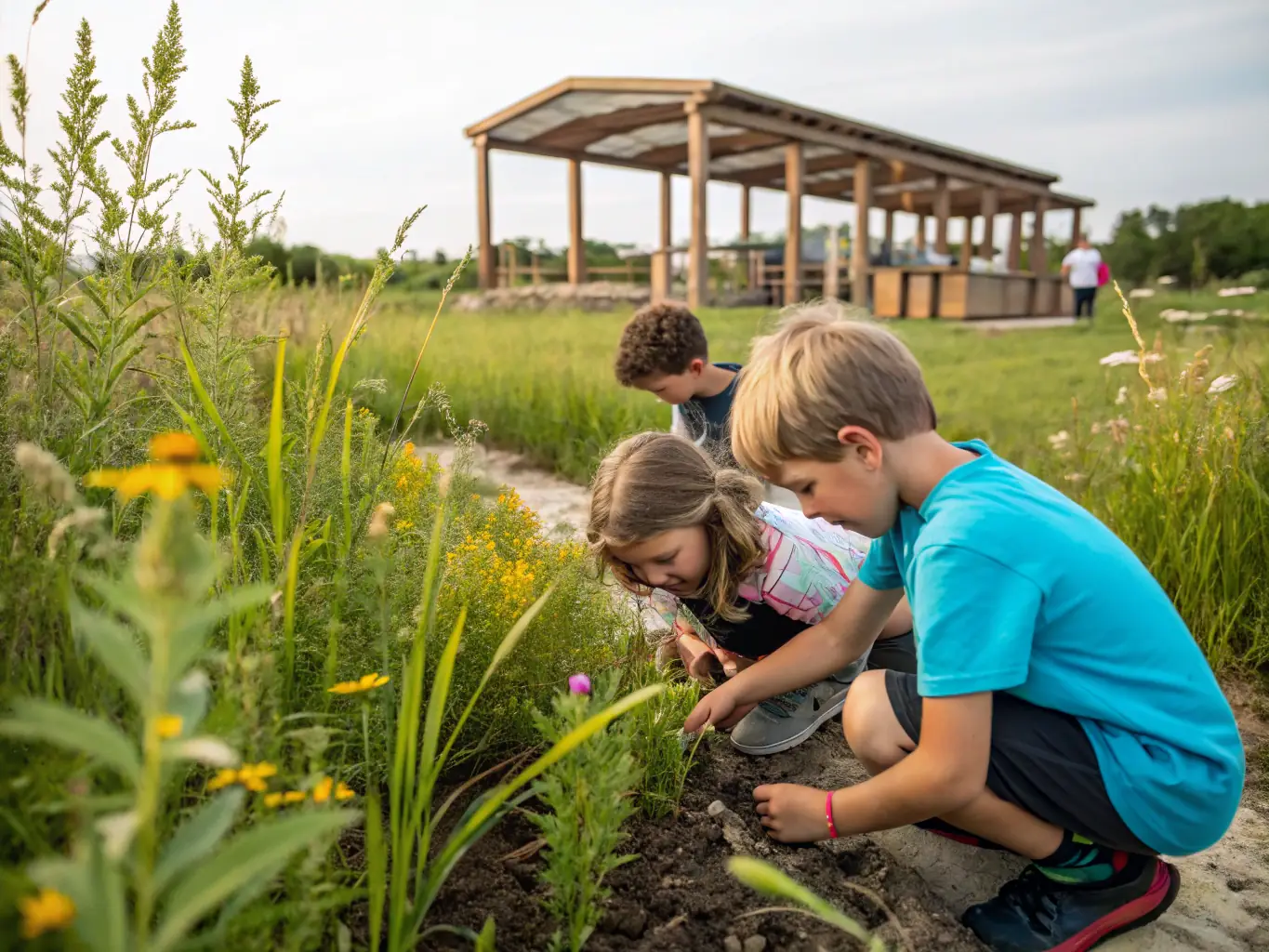 An engaging photo of children participating in an outdoor educational workshop, learning about local ecosystems and conservation practices.