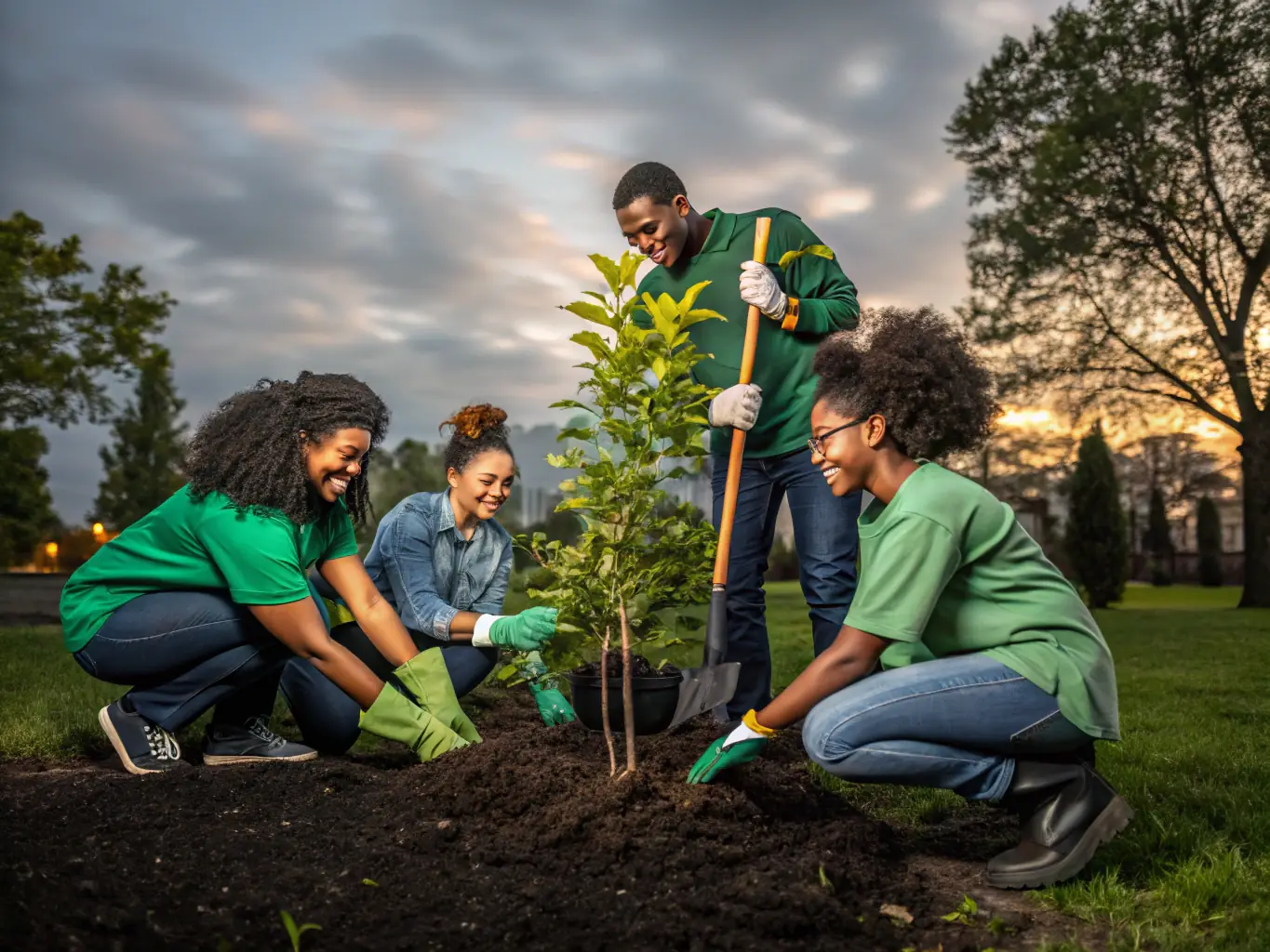A vibrant image showcasing a group of volunteers planting native trees in a deforested area of Lozère, illustrating CEN Lozère's reforestation efforts.
