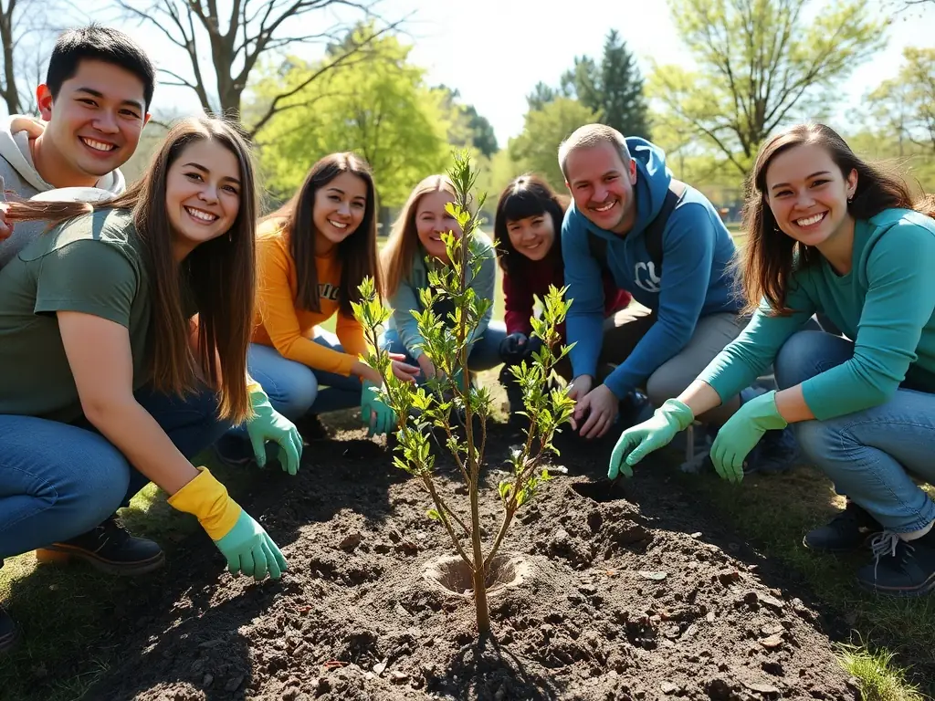 A vibrant image of a group of volunteers planting native trees in a deforested area, symbolizing habitat restoration efforts by CEN Lozère.
