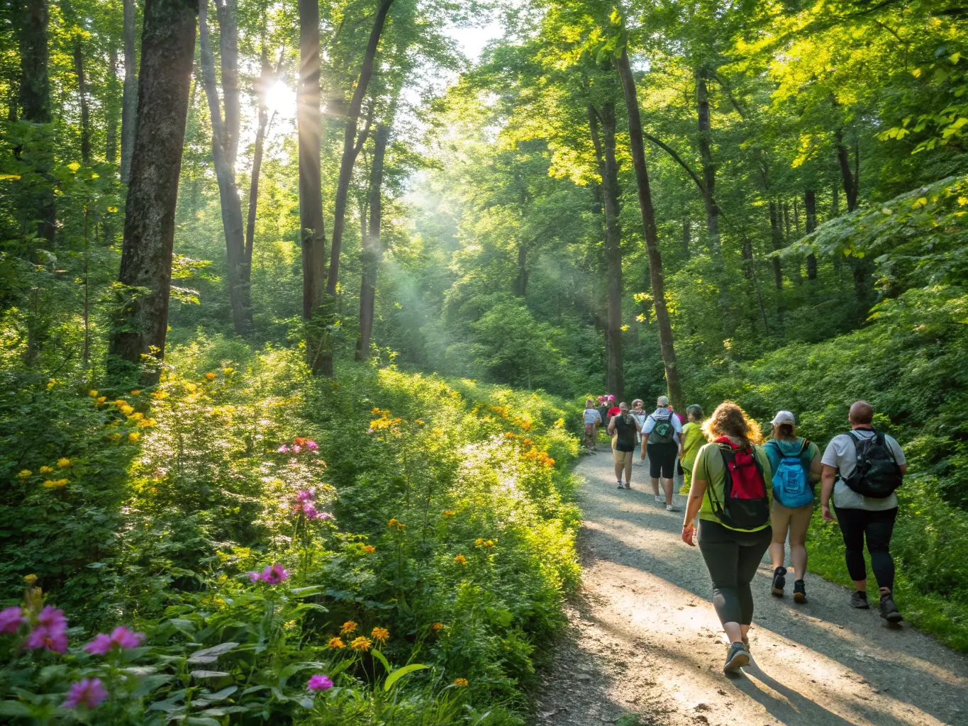A scenic image of a guided nature walk led by a CEN Lozère expert, with participants observing local flora and fauna in a protected natural site.